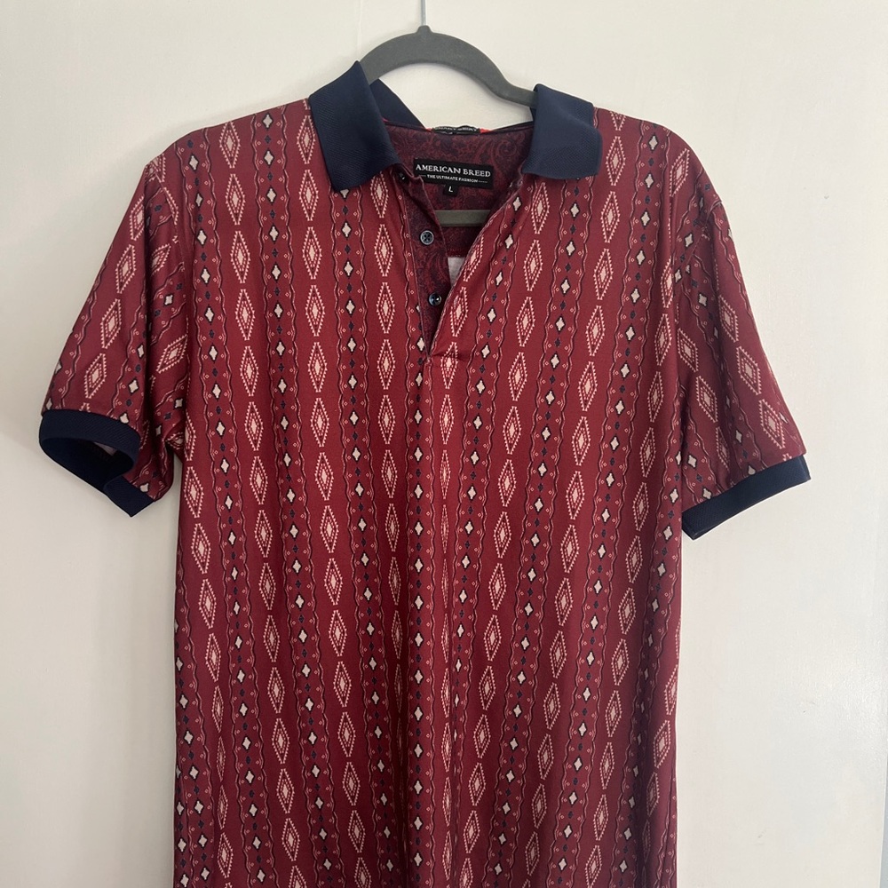 American Rag Red and Blue Polo Shirt with Geometric Pattern